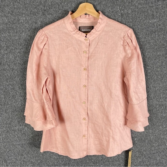 Reformation Large Blush Pink Ruffle Sleeve Blouse Feminine Romantic Cottagecore - Picture 2 of 10